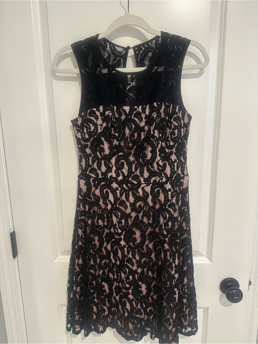Maggy London Black Lace Over Blush Pink Mini Dress